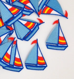 2 pack blue, red, yellow, white Embroidered Iron on Sailboat patch applique - Picture 1 of 1