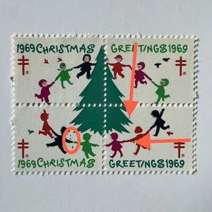 ERROR 1969 CHRISTMAS SEAL BLOCK WITH SEVERAL EXTRA SPOTS MNH - Picture 1 of 5