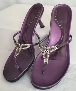 Vtg Kenneth Cole Purple Leather Rhinestone Thong Kitten Heel Sandal Sz 9-10 - Picture 1 of 16