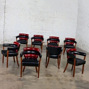 Early 20th Art Deco Dining Chairs Set 8 with Red & Black Leather & Wood Frames - Picture 1 of 18