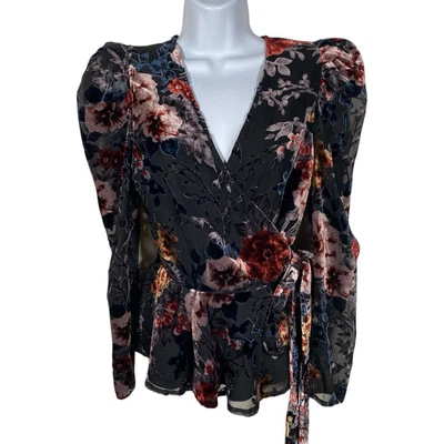 Yumi Kim Velvet Burnout Wrap Top S English Garden Floral Sheer Puff Shoulder - Image 1 of 4
