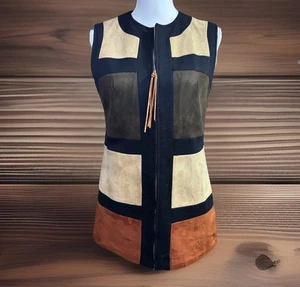 Vintage 60s Gina Teresa Suede Wool Colorblock Vest Made Hong Kong Size 10 Boho - Picture 1 of 8