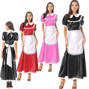 Women's French Maid Cosplay Dress Short Sleeve Lapel Collar Lace Trim with Apron - Picture 1 of 41