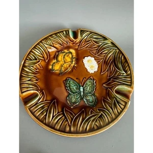 "Cenicero de cerámica esmaltada vintage MCM mariposas y margaritas Japón 7""" - Imagen 1 de 7