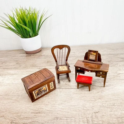 Miniature wooden dollhouse Vanity with Mirror & Stool, Chest, & Rocking Chair - Image 1 of 4