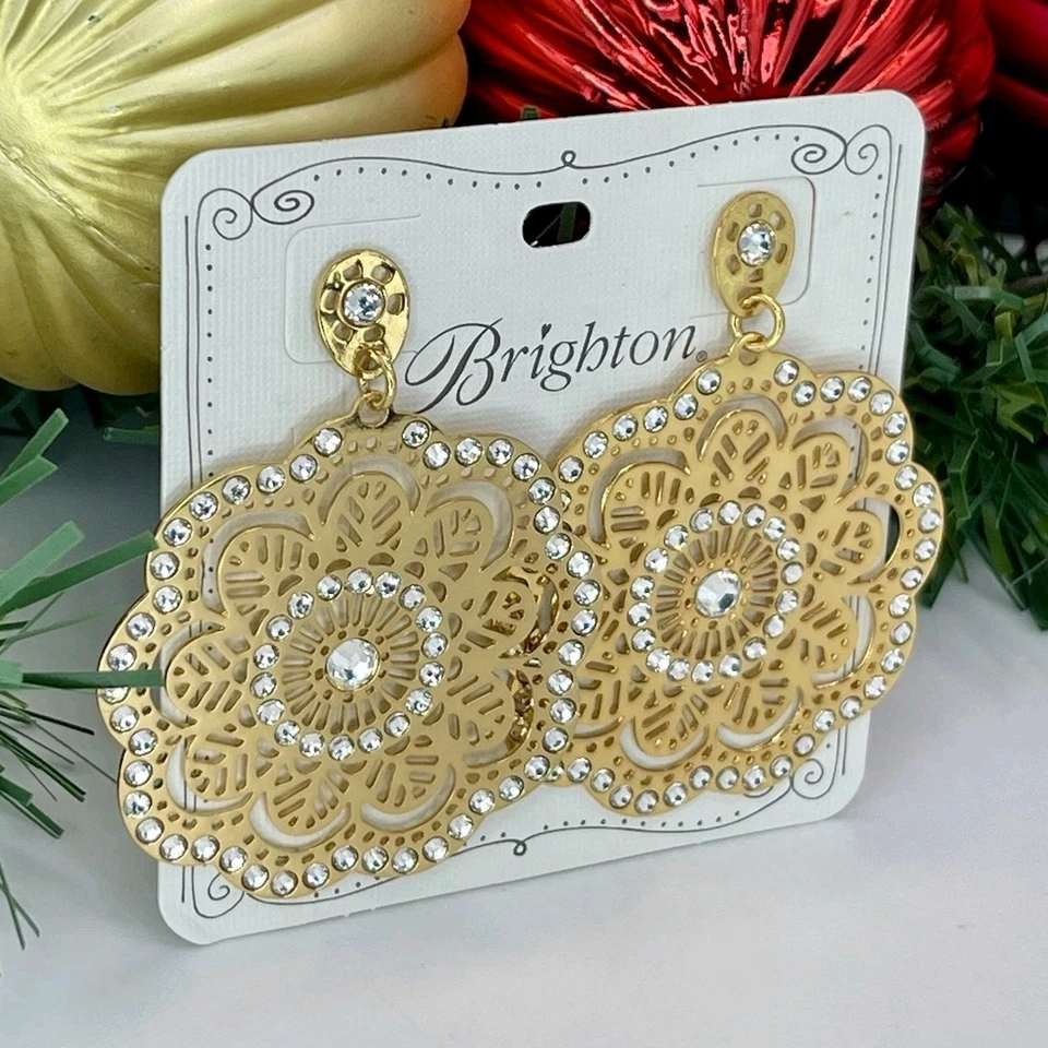 Brighton Bella Lace Gold Tone Crystal Filigree Statement Earrings JE3512