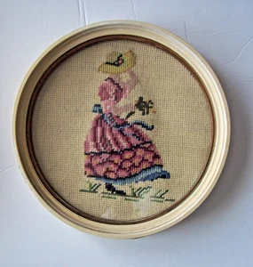 Needlepoint Lady Rose Print Dress Ivory Framed Victorian Holding Cat Yellow Hat - Picture 1 of 8