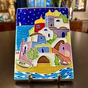 Vintage Colorful Italian Ceramic Wall Art Tile Plaque Luciano Italy Santorini - Picture 1 of 6