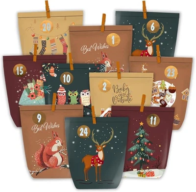 DIY Adventskalender zum Befüllen - 24 Papiertüten, Zahlen-Sticker, Holzklammern - Bild 1 von 4