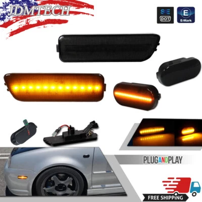 4PCS Smoke Lens Amber LED Front Side Marker Lights For VW MK4 Golf GTI R32 Jetta - Image 1 of 4