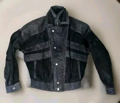  Черная замша кожи Moto Bomber куртка пальто узор печать Thinsulate мужской размер S - Изображение 1 из 4