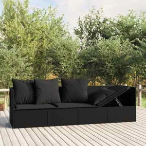 vidaXL Outdoor Lounge Bed with Cushions Black Poly Rattan - Picture 1 of 8