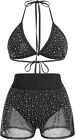 Women Sparkle Rhinestone Mesh Sheer Bikini Sets Halter Bra Top High Waist Shorts