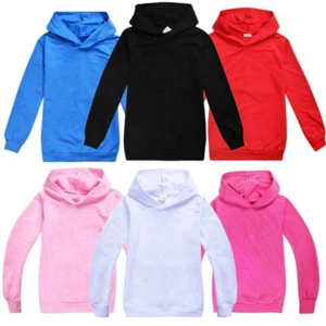 Kids Plain Hoodie Hooded Girls Boys Casual Classic Pullover Jumper Gift Hoodies - Picture 1 of 12