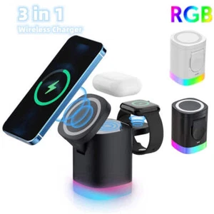3 In 1 Magnetic Wireless Fast Charger For Smart Phone RGB Ambient Light Charging - Picture 1 of 10