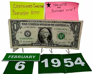 February 6 1954. Birthday AND {{Star}} Note Fancy Serial Number $1 Dollar - Picture 1 of 9