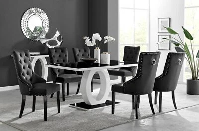 Giovani 6 Black High Gloss Dining Table & 6 Velvet Belgravia Black Leg Chairs - Image 1 of 4