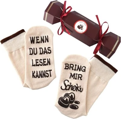 LUCADEAU Schokolade-Socken, mit Spruch auf Sohle, Bring mir Schoki, Geschenke Frau, 37-43
