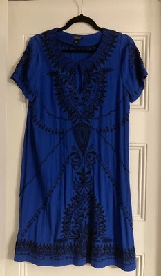 Vestido Lucky Brand Azul Rayón Azul Negro Cuentas Bordado Manga Corta Talla S Foto 1 de 4