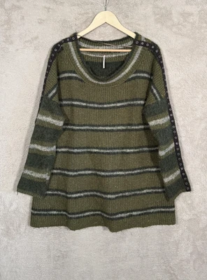 Suéter Free People Mujer Grande Verde Gris Rayas Mezcla Alpaca Túnica Ojal Foto 1 de 4