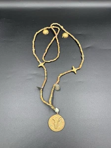 Vintage Tuareg Bronze Bead Necklace w/ "de la" Coin Bull Amulet Rare - AI Search - Picture 1 of 8