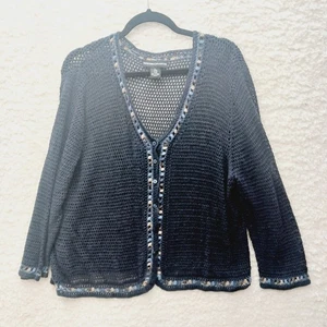 Cardigan Sweater XL Navy Boho Preppy Lace Detail Textured Cottagecore Teacher - Picture 1 of 8