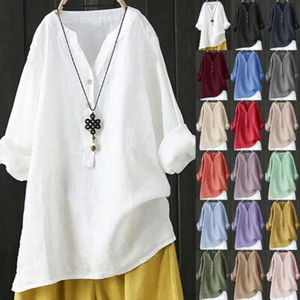 Plus Size Womens Long Sleeve Button V Neck Tunic Tops Casual Blouse Shirt Dress - Picture 1 of 32