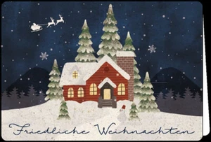 FRIEDLICHE WEIHNACHTEN / HAUS & TANNEN  IN WINTERNACHT / KLAPPKARTE MIT UMSCHLAG - Bild 1 von 2
