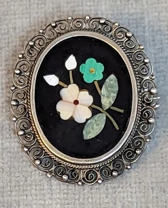 Antik Pietra Dura Brosche Pin Anhänger eingelegter Stein im Blumendesign 800 Silber - Bild 1 von 4