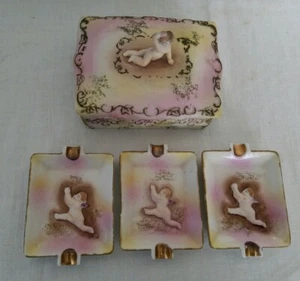 Vintage HAL-SEY FIFTH Japan Cherub Cigarette Box With 3 Ashtrays - Picture 1 of 11