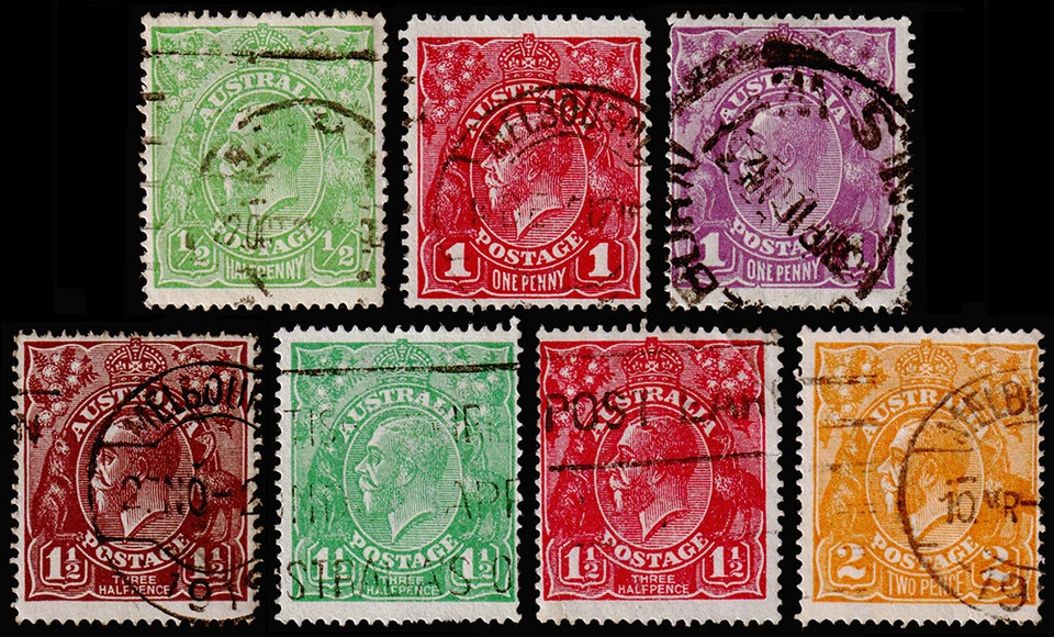 Australia Scott 19, 21-22, 24a, 25-27 (1914-24) Used F-VF, CV $13.55 P - Image 1 of 1