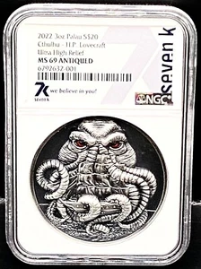 2022 Palau Cthulhu 3oz Silver $20 H.P. Lovecraft Antiqued NGC MS69 Coin - Picture 1 of 2