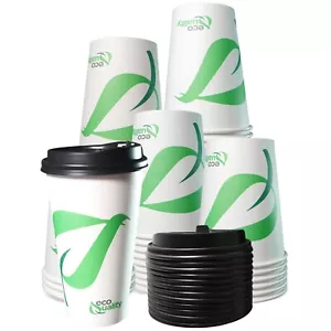 20oz Disposable Biodegradable White Paper Coffee Cups with Black Dome Lids 25pcs - Picture 1 of 9
