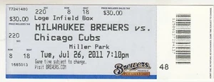 Boleto Milwaukee Brewers vs Chicago Cubs 26/07/2011 Aramis Ramírez Carrera HR #308 - Imagen 1 de 1