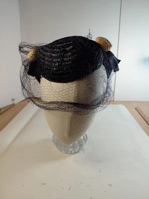 Vintage Woven Straw Fascinator Hat - Veil, Balls, Ribbon - Navy Blue - Medfield  - Image 1 of 4