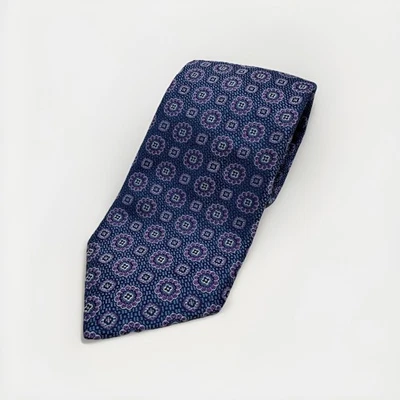 David Donahue 领带男式均码蓝色紫色丝绸几何奖章美国制造 — 第 1/4 张图片