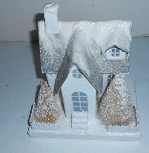 CHRISTMAS VILLAGE PUTZ STYLE WHITE  GLITTER CARDBOARD COTTAGE - Picture 1 of 3