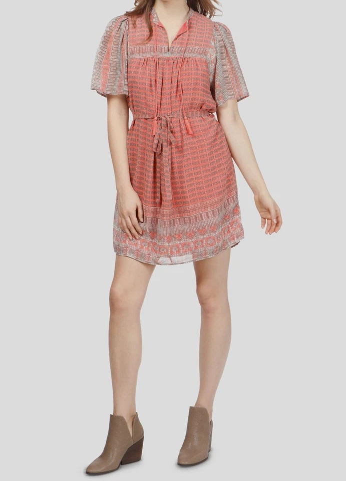 Lucky BRAND Womens Jenna Pink Mixed Media Belted Casual Dress L BHFO 7443