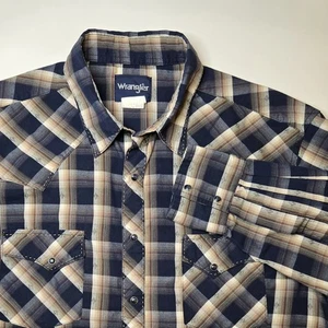 Vintage Wrangler Pearl Snap Western Shirt Men's Large Brown Navy Plaid EUC Y2K - Picture 1 of 9