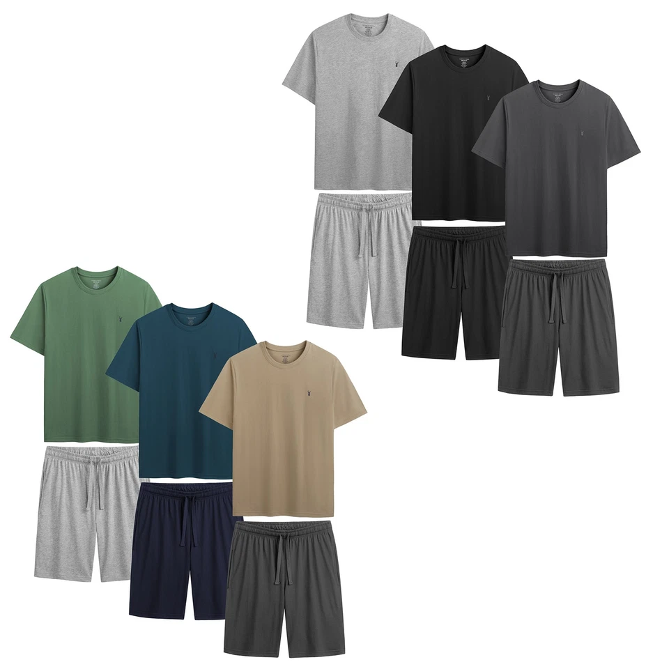 THE ESSENTIALS WARDROBE Mens Shorty Pyjama Set 3 Pack 100% Cotton Jersey Loungewear Multipack PJs