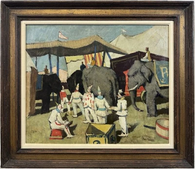 Original “Circus Yard” Paul Starrett Muestra Elefantes Tiendas Payasos Aceite FIRMADO Foto 1 de 4