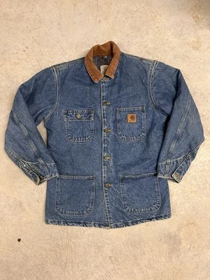 Vintage 90s Carhartt Denim Wool Blanket Lined Chore Jacket men’s Large - Image 1 of 4