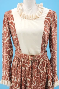 Vtg Womens 2 Pc Brown & Cream Floral Print 1800s Style Costume Dress & Belt Sz M - Picture 1 of 24