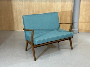 Mid Century 2 Seat Hall Sofa In Solid Teak Frame And Pure Wool Turquoise Fabric - Picture 1 of 24