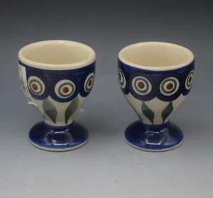 POLISH POTTERY BOLESLAWIEC PEACOCK SET OF 2 EGG CUPS NEW - Picture 1 of 4