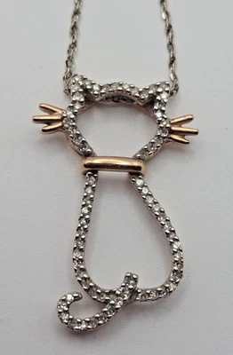 Винтажный. 1/5 карата tw Pave бриллиант Cat подвеска ожерелье 14K в розовое золото w/цепочка 18» - Изображение 1 из 4