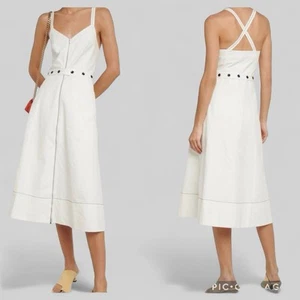 Proenza Schouler Front Zip Midi Dress White Linen Blend Sleeveless Buttons Sz 4 - Picture 1 of 7