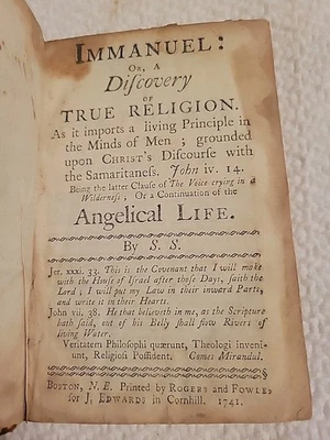 1741 Edition~Immanuel Or, A Discovery of True Religion, 1st American Ed. - Image 1 of 4