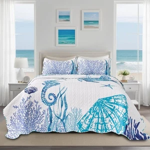 Coastal Quilt Set Twin Size Reversible Summer Ocean Beach Themed Bedding with... - Picture 1 of 7