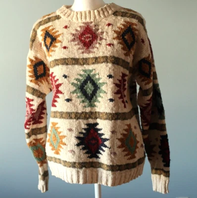 LL Bean 100% Cotton Size Large Aztec 100% Cotton Sweater Vintage 80s 90s - Image 1 of 4